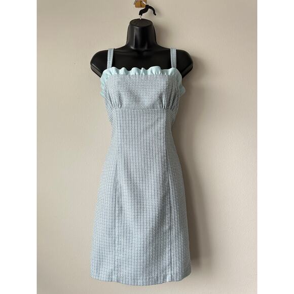 Moda International Dresses & Skirts - Vintage 90s Y2K Blue Tweed Mini Dress Coquette Boucle Ruffle Trim Size 8